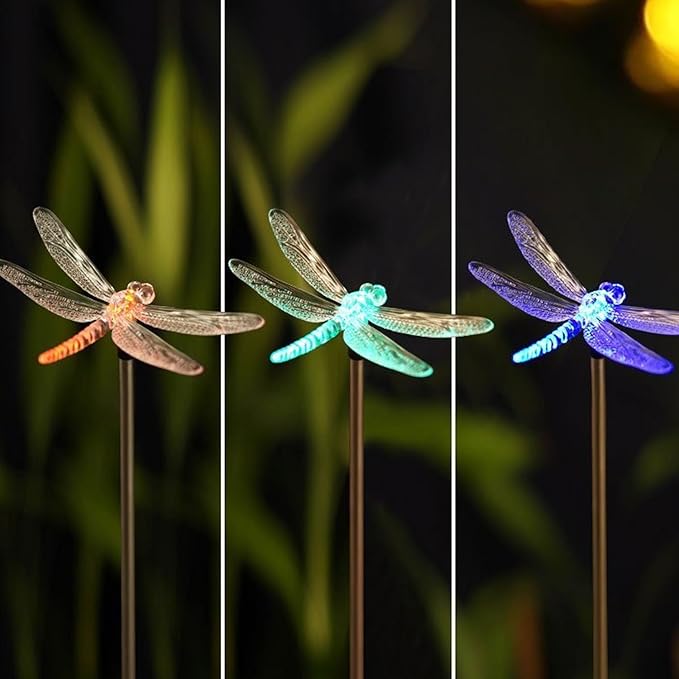 Outdoor Solar Garden Stake Light - Color Changing Decorative LED Stake Lamp In-ground Landscaping Lighting for Garden Patio Yard Lawn Pathway Flower Bed Decor Decorations Figurine Dragonfly QIDEA