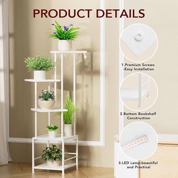 Plant Stand Indoor with Grow Light, 5-Tiered Tall Plant Stand Indoor, Metal Plant Shelf with Hanging Basket Hook and Adjustable Light, Ideal for Living Room, Garden, Patio white Homsorout