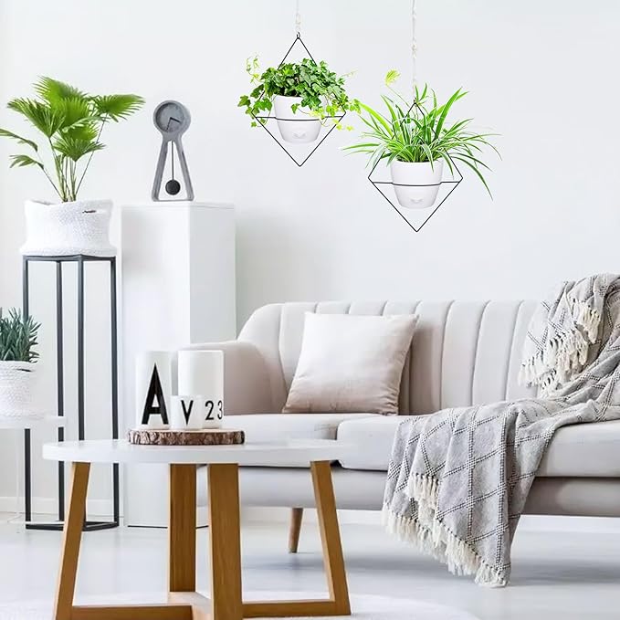 Hanging Planters for Indoor Plants, 2 Set Self Watering Hanging Flower Pots, Modern Hanging Plant Baskets with Metal Plant Holder & 6.5 Inch Plastic Pots for Garden Home Decor (White) Koalaime