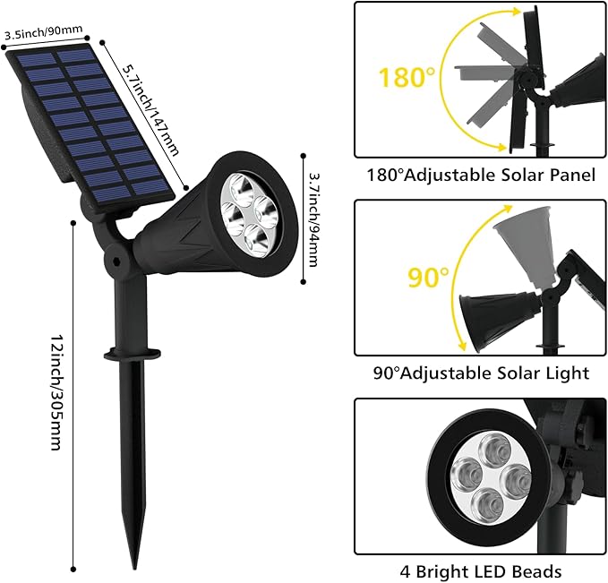 T-SUN Solar Spotlights, 4 LED Solar Powered Landscape Spotlights Waterproof Outdoor Lights Auto ON/OFF for Garden, Driveway, Yard, Patio, Pool Area (White-4 Pack) T-SUN