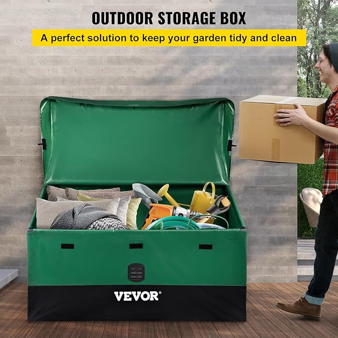 VEVOR Outdoor Storage Box, 100 Gallon Waterproof PE Tarpaulin Deck Box w/Galvanized Frame, All-Weather Protection & Portable, for Camping, Garden, Poolside, and Yard, Black & Green VEVOR