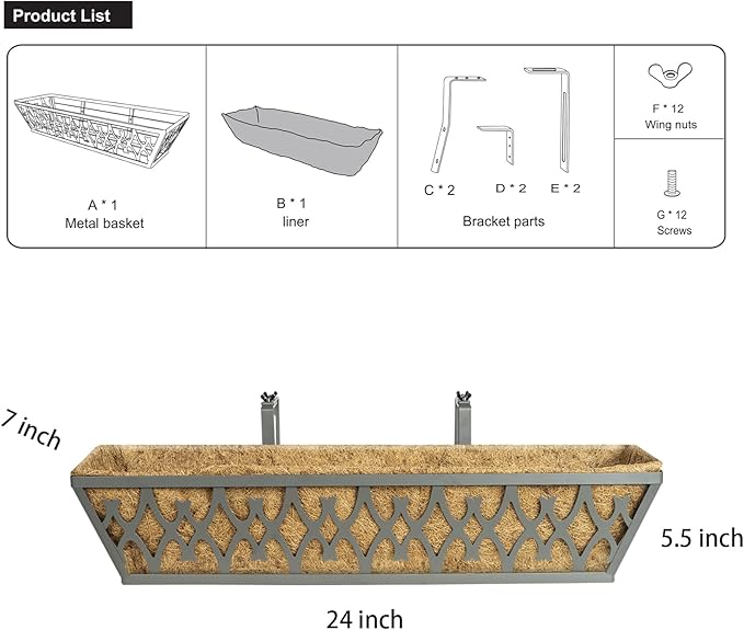 4 Pack 24 Inch Window Boxes Planters Railing Planter Box with Adjustable Brackets for Porch Fence Patio Balcony Hanging Flower Baskets with Coco Liners for Outdoor Garden Decor - Dark Grey KarlliuHOMEGARDEN
