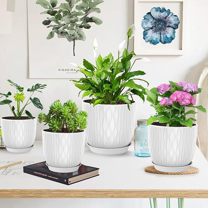 Plastic Plant Pots 10/9/8/7.5/7 inch Set of 5, Flower Planters with Drainage Holes and Saucers, Plastic Pots for Indoor Outdoor Plants, Livingroom Garden Decor (White) LesOasis