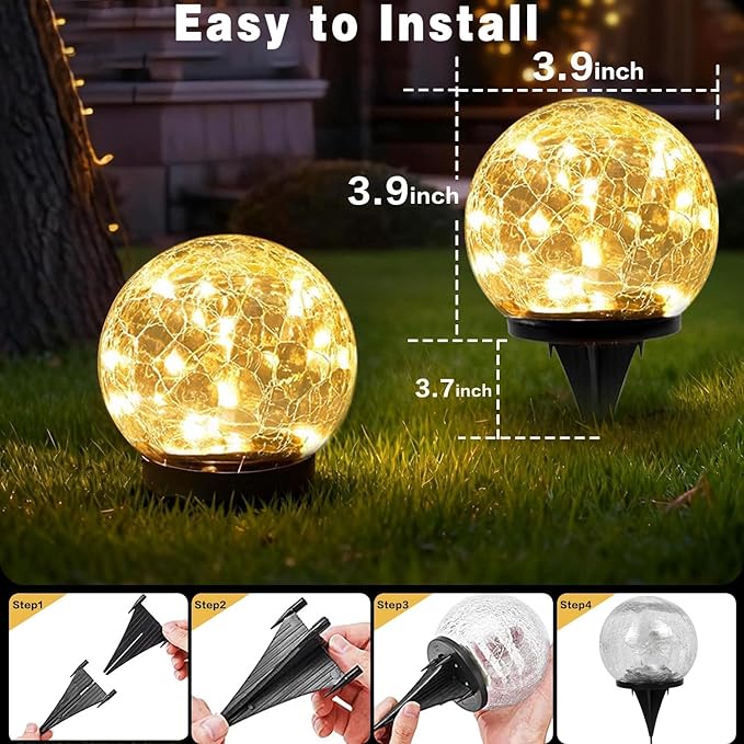 Solar Garden Lights Outdoor Waterproof, 4 Pack 30 LEDs Cracked Glass Ball Light, Ground Landscape Garden Decor, Solar Globe Decorative for Pathway/Patio/Lawn/Yard (Warm White, 3.9") SyouHome