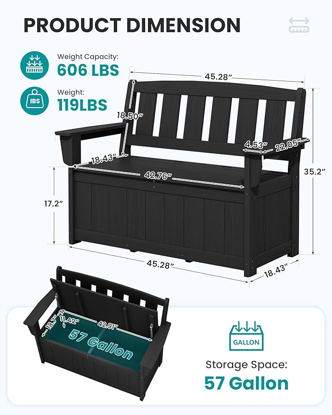 SERWALL HDPE Outdoor Storage Bench, All-Weather, UV-Resistant Deck Box with Waterproof Storage Bags, 57 Gallon Dual-Use Seat & Organizer Deck Boxes for Patio, Garden Tools & Pool (Matte Black) SERWALL