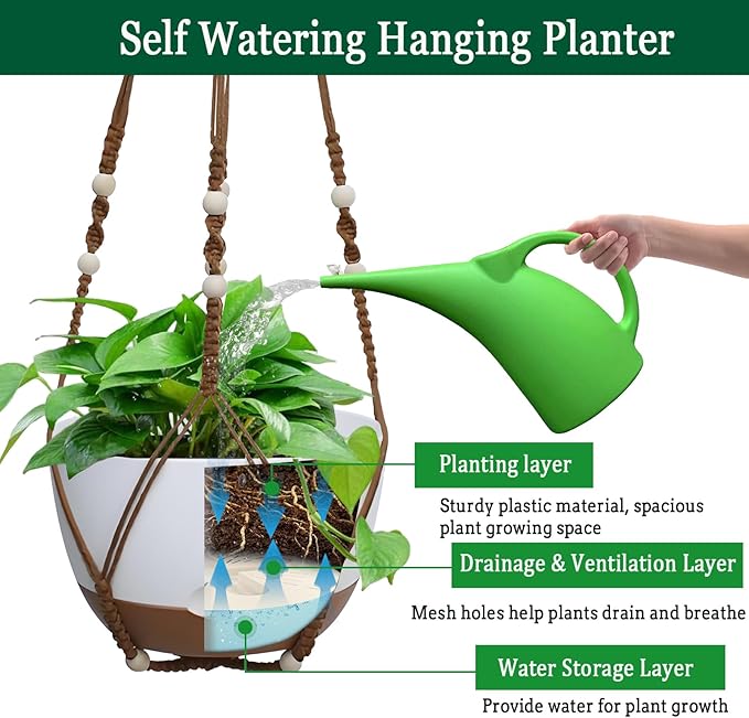2 Pack Hanging Planters Set,10 Inch Indoor Outdoor Hanging Plant Pot Basket,Hanging Flower Pot with Drainage Hole with 3 Hooks for Garden Home(Caramel Hanger White Planters) Koalaime