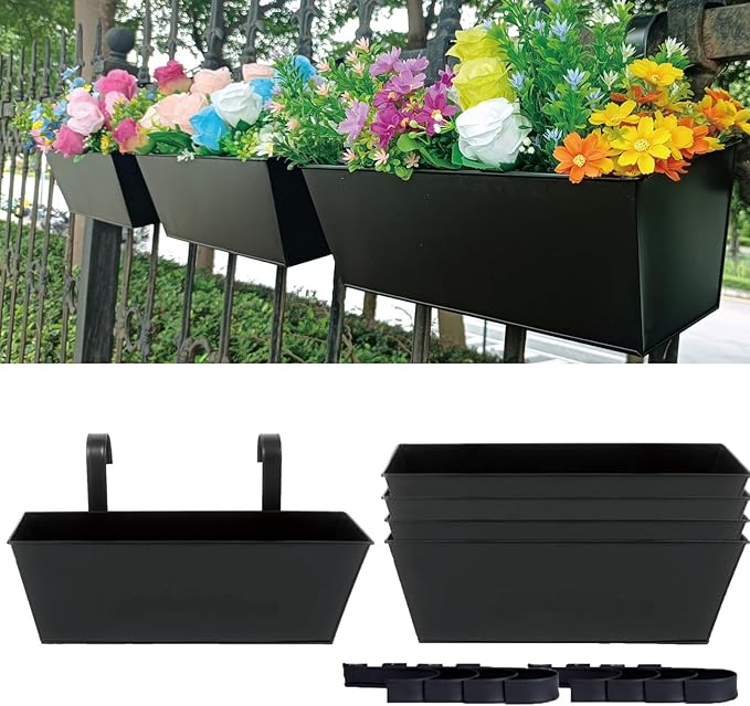 3 Pcs Large Hanging Flower Pots for Railing or Fence 16 Inch Railing Planter Box for Any Balcony Porch or Deck Countryside Style Window Planter Boxes Are Perfect to Herbs & Flowers (Black-5pcs) JFMAMJ