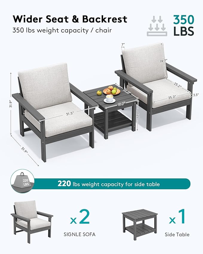 SERWALL HDPE Patio Sofa Set, 3-piece Sectional Outdoor Furniture Set, All Weather Outdoor Couch Set Patio Furniture Set for Deck, Lawn, Grey Frame with Khaki Cushion SERWALL