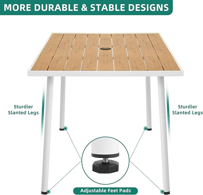 DWVO Patio Table Rectangle 59"x34.2", Patio Dining Table for 6 Weather-Resistant Outdoor Table with Umbrella Hole, Steel Frame, Adjustable Feet for Outdoor/Indoor DWVO