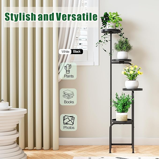 Plant Stand Indoor Outdoor 4 Tier Metal Plant Shelf for Multiple Plants Corner Flower Holders for Living Room Balcony Bedroom Patio Garden, Black (Black, 4-Tier) INGIORDAR
