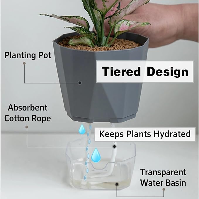4 Packs Self Watering Plant Pots, Plastic Flower Pots with Drainage Hole and Saucer, Self Watering Planters for Indoor Outdoor Garden Plants, African Violet, Herbs (White, 5") Rootora