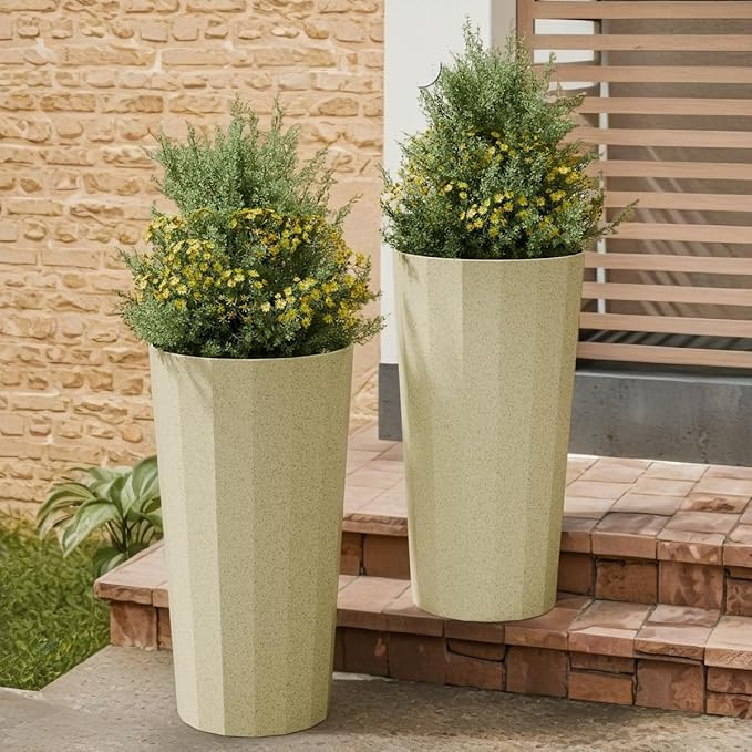 23.6" H Tall Planters for Outdoor Plants, 2 Pack Large Outdoor Planters for Porch Decor with Automatic Drainage Hole, Plastic Stripe Design Flower Pots Fits Indoor Plants Patio Garden, Black Outdoorchairs