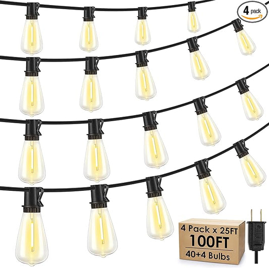 100FT(4x25FT) Outdoor String Lights, Patio Lights with 40+4 LED Dimmable Waterproof Linkable ST38 Edison Bulbs for Gazebo Camping Party, Black Larkvue