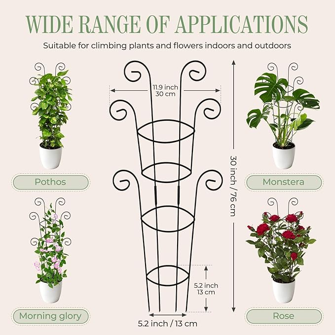 4 Pack 30 Inch Tall Metal Plant Trellis for Climbing Plants Indoor - Rustproof Garden Trellis for Potted Houseplants, Sturdy Support for Ivy, Pothos, Monstera, Hoya & Flower Vines Qiaokaiyan