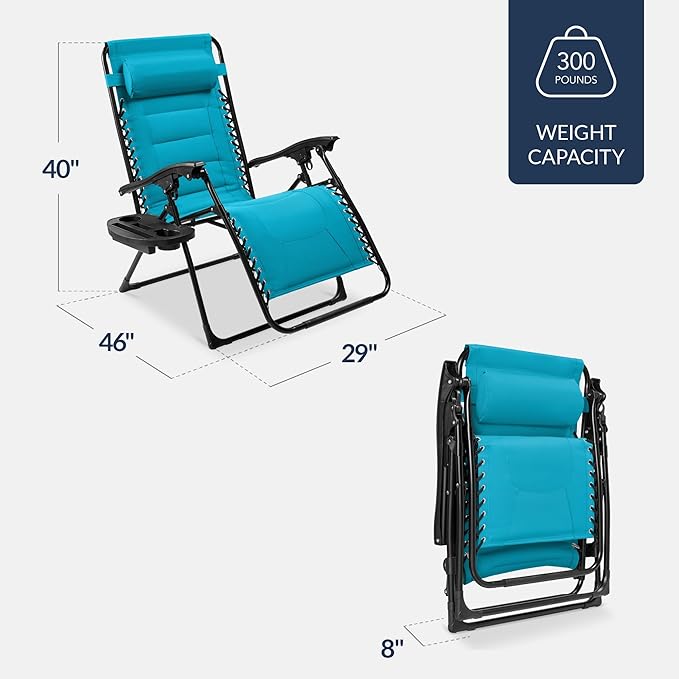 Best Choice Products Oversized Padded Zero Gravity Chair, Folding Outdoor Patio Recliner, XL Anti Gravity Lounger for Backyard w/Headrest, Cup Holder, Side Tray, Polyester Mesh - Aqua Blue BestChoiceProducts