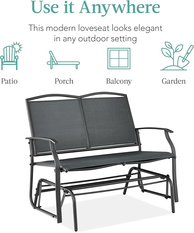 Best Choice Products 2-Person Outdoor Patio Swing Glider Steel Bench Loveseat Rocker for Deck, Porch w/Textilene Fabric, Steel Frame - Dark Gray BestChoiceProducts