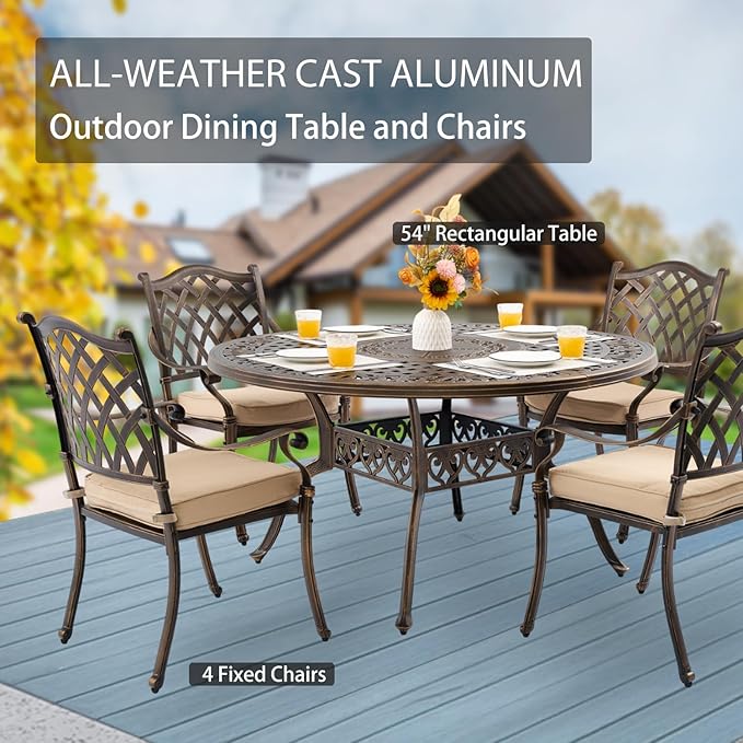 5-Piece Cast Aluminum Patio Furniture, Outdoor Dining Sets for 4 Include 54" Round Patio Dining Table and 4 Stackable Chairs with Cushions & Umbrella Hole (Bronze) Rootora