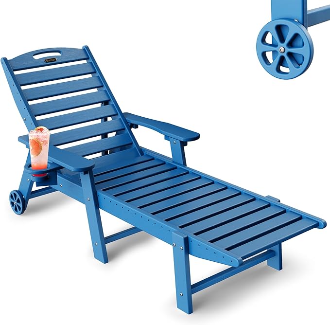 Lounge Chair Outdoor, Chaise Lounge Outdoor, HDPE 6-Position Lounge Chair for Outside, Patio Lounge Chair with Wheels & Cup Holder for Pool Poolside Deck Backyard, Navy Blue Suunyn