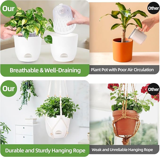 2-Pack 5.7-Inch Self-Watering Hanging Planters for Indoor & Outdoor Plants,34Inch Macrame Hanger Plant Pots Indoor with Drainage,Small Hanging Planters & Baskets,With Two Sets of Hooks（Pure white） QCQHDU