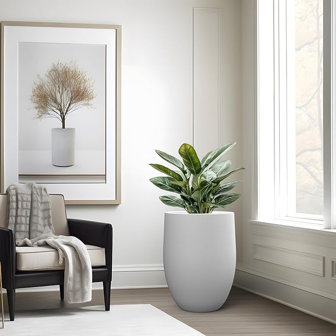 Kante Tall Concrete Planter, 21.7-Inch Height White Large Indoor Outdoor Plant Pot with Drainage Hole for Patio Garden Home, Modern Decor for Flowers and Tree Kante