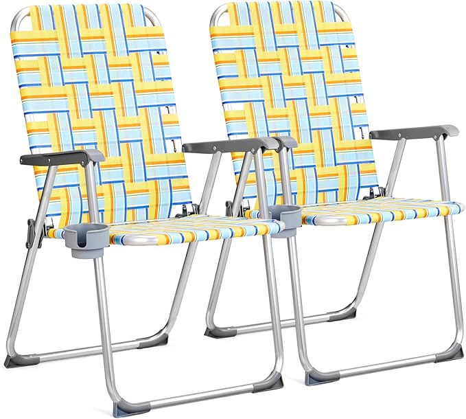 VINGLI Aluminum Patio Lawn Chairs Folding Set of 2 with Detachable Cup Holder, Webbed Beach Chair Folding Chair Outdoor Portable Camping Chair for Yard, Garden VINGLI