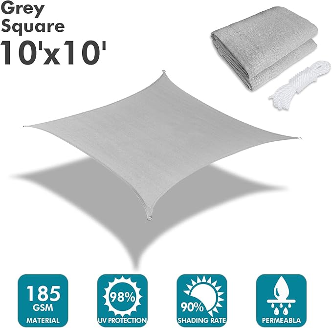 KANAGAWA Sun Shade Sail 10'x10' Gray Square UV Block Canopy Awning Shelter Fabric Cloth Screen for Outdoor Patio Garden Backyard Activities KANAGAWA
