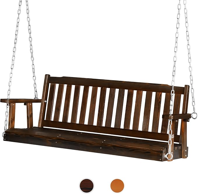 VINGLI Heavy Duty 880 LBS 5 FT Patio Wooden Porch Swing Outdoor with Upgraded Adjustable Chains, Outdoor Hanging Swing Bench for Garden, Yard, Balcony (5 FT, Rustic) VINGLI