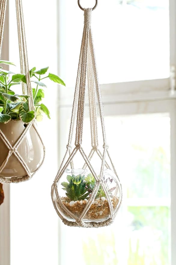 Dahey Macrame Plant Hanger Set of 3 with Hooks Indoor Hanging Planter Basket 35"/29"/23" Handmade Woven Cotton Rope Flower Pot Crochet Plant Holder Stand for Boho Home Decor No Tassels,Beige Dahey