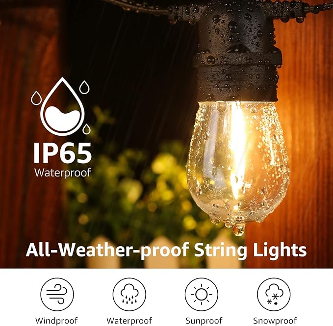 Lepro S14 Outdoor String Lights - 50ft with 15 Shatterproof LED Edison Bulbs, Waterproof Bistro Lights for Deck, Pergola, Porch, Garden, Gazebo Lepro
