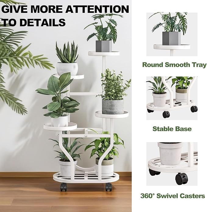 Plant Stand Indoor Outdoor 4 Tier Flower Holder with Wheels Metal Plant Shelf Corner Display Rack Multi Plants Sheleves for Living Room Garden Patio White YIZAIJIA