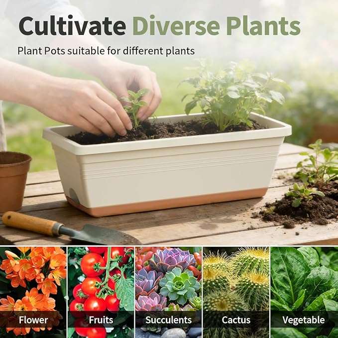 Window Box Planter, 6 Pack Plastic Vegetable Flower Window Planters Boxes 16 Inches Rectangular Flower Pots with Drainage Holes and Saucers (Mixcolor) LesOasis