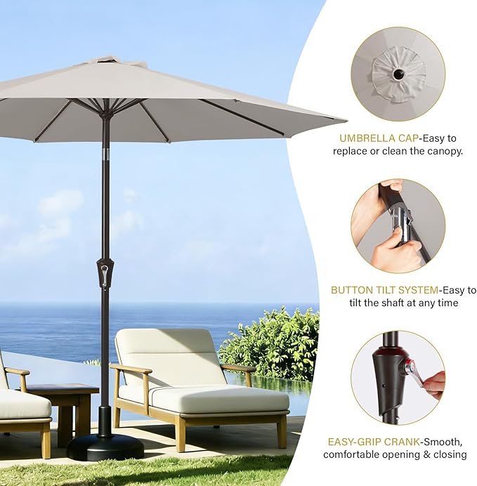 MEWAY 9ft Patio Umbrella Outdoor Table Umbrellas with Push Button Tilt and Crank, Market Umbrella 8 Sturdy Ribs for Deck, Garden, Pool and Backyard, Fog Gray MEWAY