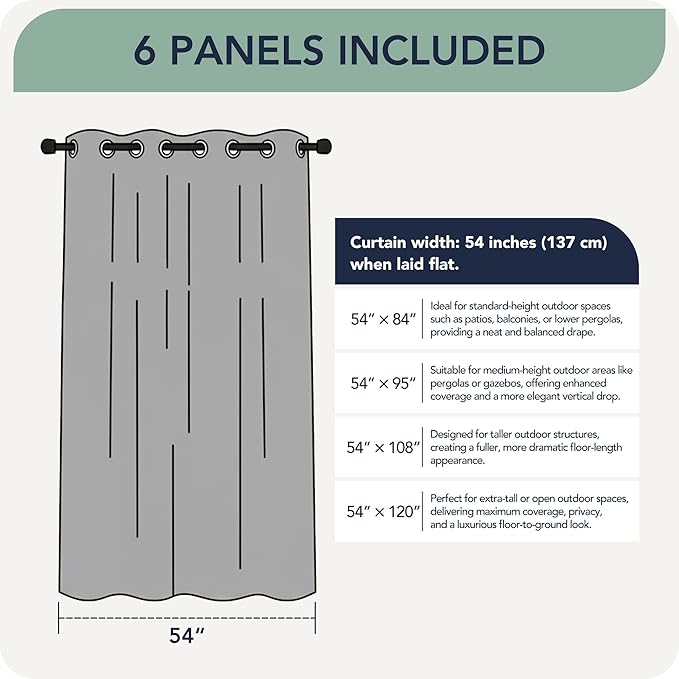 Outdoor Curtains for Patio Waterproof 6 Panels - Windproof, Privacy, Weatherproof Outside Drapes for Gazebo Pergola Porch, Grommet Top and Tab Bottom, 54x95 Inch, Navy RichSets