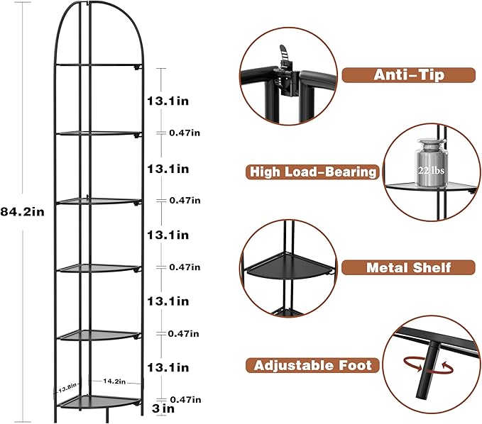 Crofy Foldable 6 Tier Corner Shelf, Metal Corner Plant Stand with Black Frame and Black Shelves, Corner Display Rack Multipurpose Shelving Unit for Living Room, Bedroom, Bathroom CrofyLLC