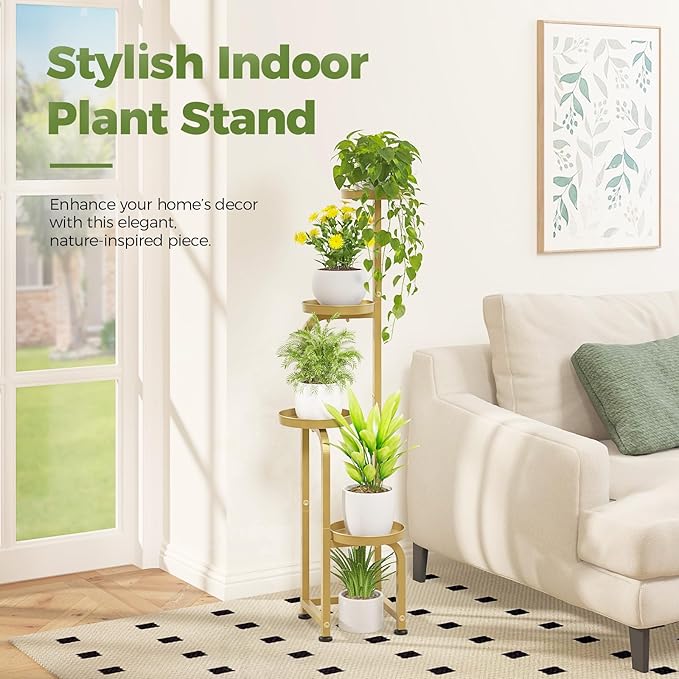 Bamworld Corner Plant Stand Indoor Outdoor, Tall Metal Flower Pot Stands for Multiple Plants, 4 Tier Gold Heavy Duty Plant Shelf for Patio Garden Balcony Living Room Bedroom(Patent Design) Bamworld