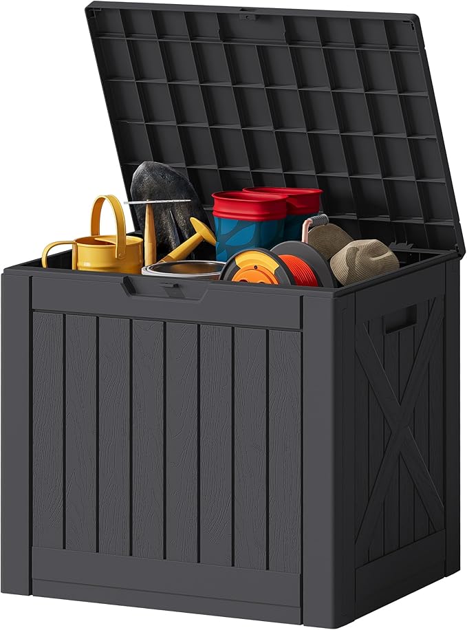 JUMMICO 42 Gallon Deck Box Waterproof, Resin Outdoor Storage Box with Side Handles, Outdoor Storage Benches Lockable for Patio Cushions and Garden Tools (Black) JUMMICO