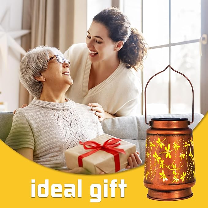 Dragonfly Birthday Gifts for Women Mom Grandma Solar Lanterns Outdoor Waterproof Garden Decor Metal Hanging LED Decorative Light for Patio Yard Lawn Backyard Front Porch Gardening Gifts DIBIEECN