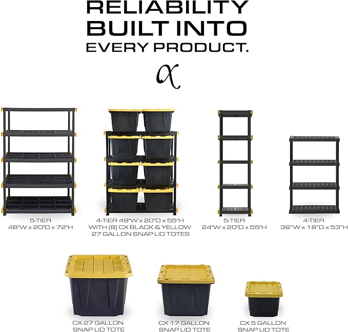 CX 5-Tier Heavy Duty Plastic Storage Shelves that Support up to 150lbs/shelf, Organization and Storage, Weather-Resistant Design, Easy Assembly, Black (72”H x 36”W x 18”D) Rootora
