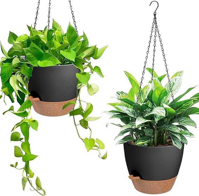 Hanging Planters for Indoor Outdoor Plants, 2 Pack Self Watering Hanging Pot with Drainage Holes & Removable Tray (Black, 6'') Vanslogreen