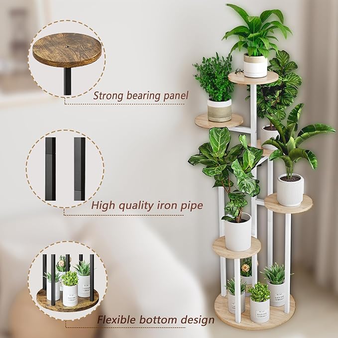 Plant Stand Indoor 6 Tier 9 Potted Multiple Flower Pot Holder for Patio Garden Balcony Living Room Corner (6 Tier White+Sonoma Oak) INGIORDAR