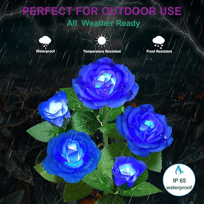 Solar Flower Lights Outdoor - Upgraded New Material Two Modes Realistic LED Solar Powered Waterproof Lights with 5 Roses, Solar Decorative Stake Lights for Garden (Multicolor, 4 Pack) LightYourLife