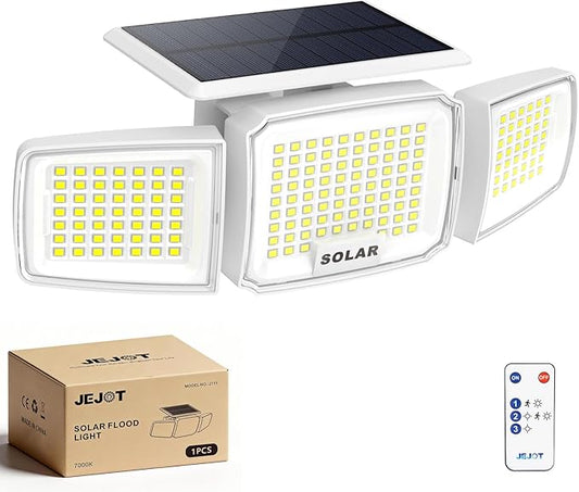 White Solar Security Light Outdoor Super Bright LED, Motion Sensor Flood Light, 3 Heads 270° Wide Angle, Remote Control, IP65 Waterproof, 3 Modes (1 Packs) JEJOT