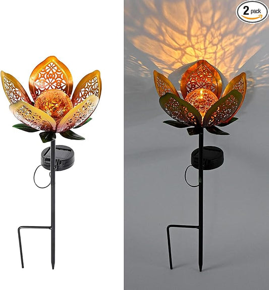 2Pack Solar Lights Outdoor Garden Decor,LED Lotus Flower Lamp, Metal Tulip Solar Lawn Lamp for Courtyard Decoration, Garden Gifts for Women YMTengFei