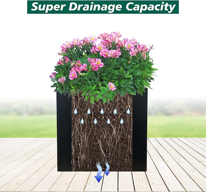 Galvanized Steel Planter Box 26Inch Black Metal Planter Large Square Indoor Outdoor Planters Cube Steel Heavy Duty Flower Pot Powder Coating Modern Commercial Residential for Patio, Yard, Garden GZGNEEVL