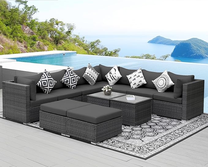 NICESOUL 11 Piece Modern Outdoor Furniture Sofa Set, Extra Large Size Wicker Patio Modular Sectionals, 29.3'' High Back All-Weather Conversations, Deep Wide Seats Sofa Couches for Backyard Deck, Grey NICESOUL