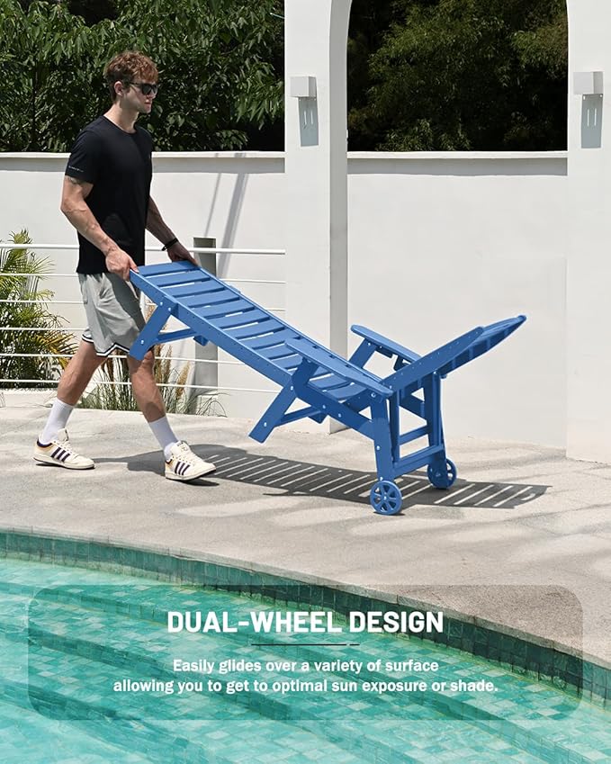 Lounge Chair Outdoor, Chaise Lounge Outdoor, HDPE 6-Position Lounge Chair for Outside, Patio Lounge Chair with Wheels & Cup Holder for Pool Poolside Deck Backyard, Navy Blue Suunyn