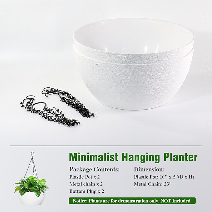 10 inch Hanging Planters for Outdoor Indoor Plants with Drainage Holes and Chain, 2 Pack Round Hanging Flower Plant Pots for Garden Home Porch Decor, White WSMKSZ