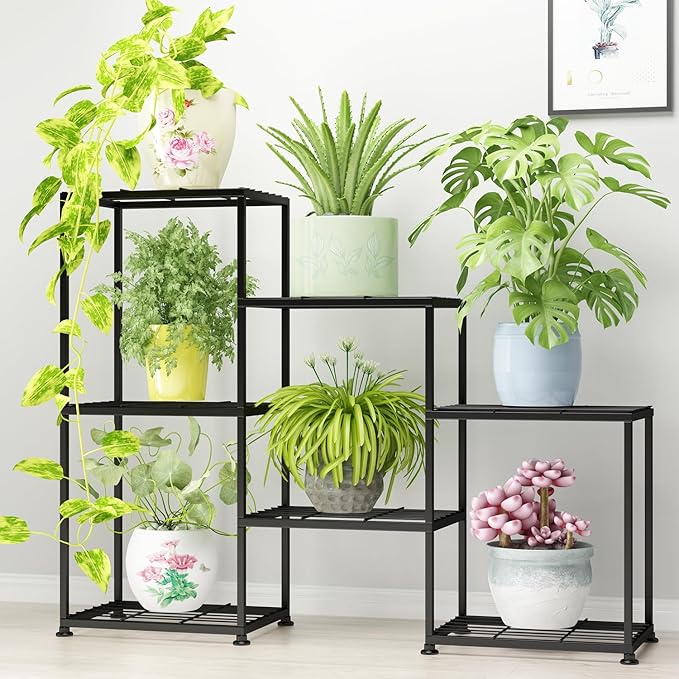 Metal Plant Stand Indoor Metal Plant Stands Outdoor Tiered Plant Shelf for Multiple Plants, 3 Tiers 7 Potted Ladder Plant Holder Table Plant Pot Stand for Window Garden Balcony Living Room YUJCHMTZN