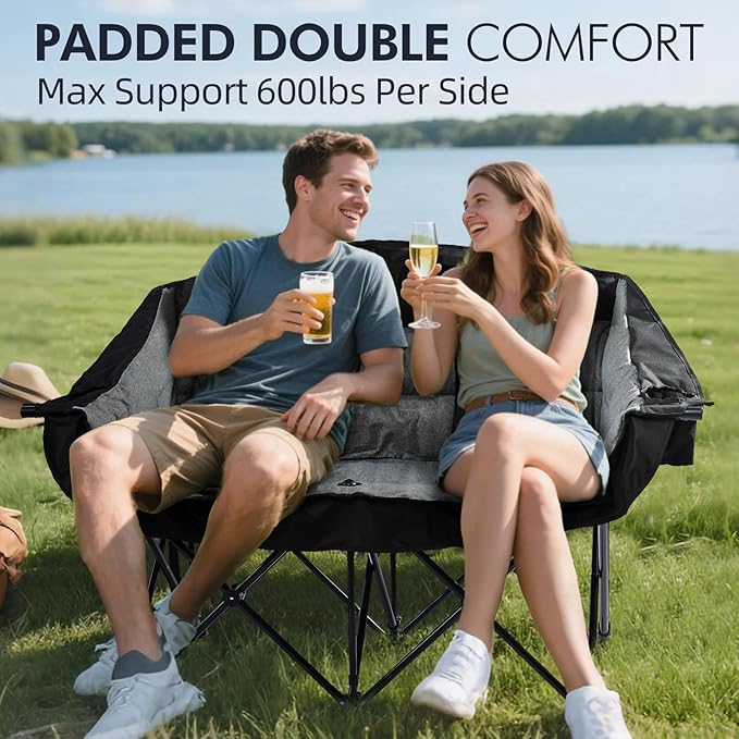 Double Camping Chair Loveseat - 2 Person Oversized Camping Couch for Adults Padded Heavy Duty Outdoor Lawn Beach Portable Folding XL Chairs with Cup Holders and Carry Bag Support 600lbs, Black/Grey PUVASIA