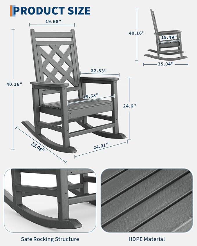 GarveeLife Outdoor Rocking Chair Set of 2, HDPE Weather Resistant Patio Rocking Chair Porch Rocker with Wood Texture & 380 LBS Support for Deck, Pool, Backyard, Gray GarveeLife
